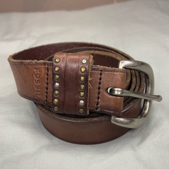 Fossil Accessories - Fossil Brown Leather Studded Belt Silver Buckle Sz M
